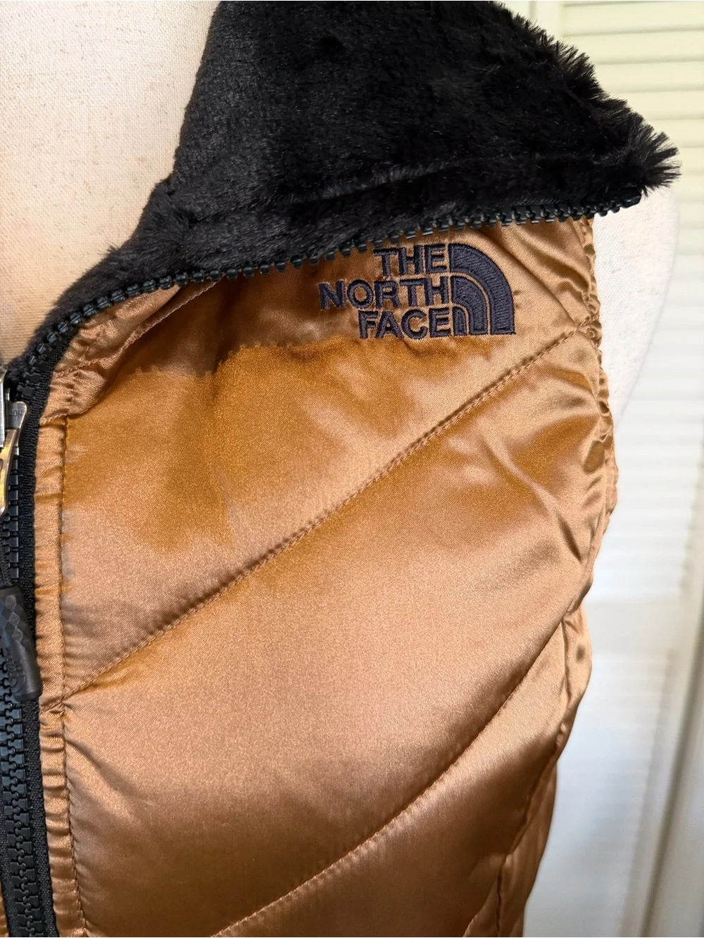 The North Face Metallic Bronze Faux Fur Quilted Vest | Size Small
